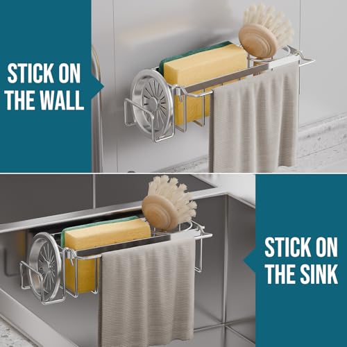 TAILI Sponge Holder with Strong Suction Cup, 4-in-1 Rustproof Sink Organizer - Sink Caddy Holds Sponges, Brushes, Stoppers...