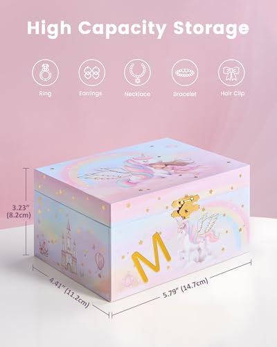 Lolalet Unicorn Jewelry Box for Girls, Kids Initial Musical Jewelry Organizer with Spinning Doll, Personalized Birthday Gi...