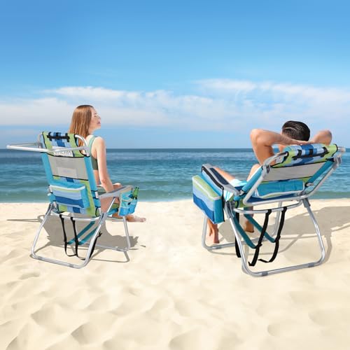 VINGLI Tall Beach Chair 2 Pack Lightweight, Backpack Beach Chair for Adults with 5-Position, Cooler Bag, Cup Holders, Towe...