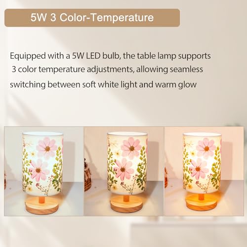 Floresita Dried Flowers Small Table Lamp 5W LED 3-Color Bedside Lamp Pressed Flowers Lampshade with Wood Base for Bedroom ...