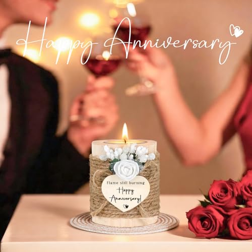Anniversary Candle Holder Gift Set - Romantic Wooden Tealight Holder with 4 Tealight Candles & Coaster, Rustic Home Decor ...