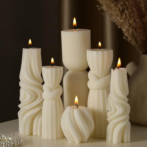 Threlaco 6 Pcs Pillar Candles Decorative Modern Aesthetic Ribbed Candle Set Cute Soy Wax Scented Ribbed Decor Commemorativ...