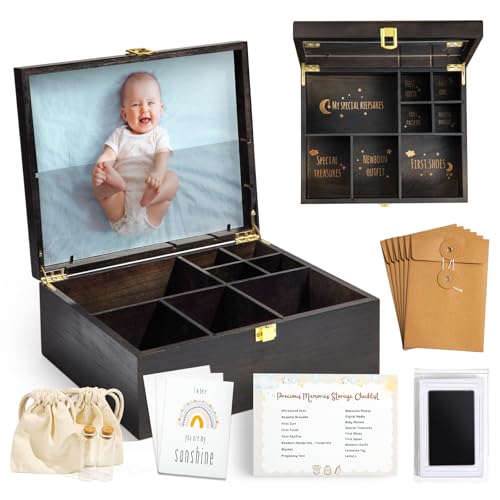 Baby Keepsake Box Wooden with 6 Additional Items - Baby Shower Gifts for Girls Boys New Mom, Newborn Essentials Must Haves...