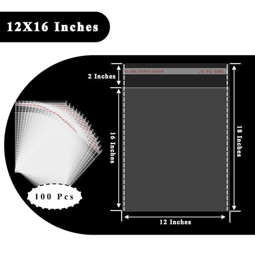 Self-Sealing Cellophane Bags 12 x 16 Inches, Re-Sealable Clear Packaging Bags 100Pcs Suitable for Packaging Retail Product...