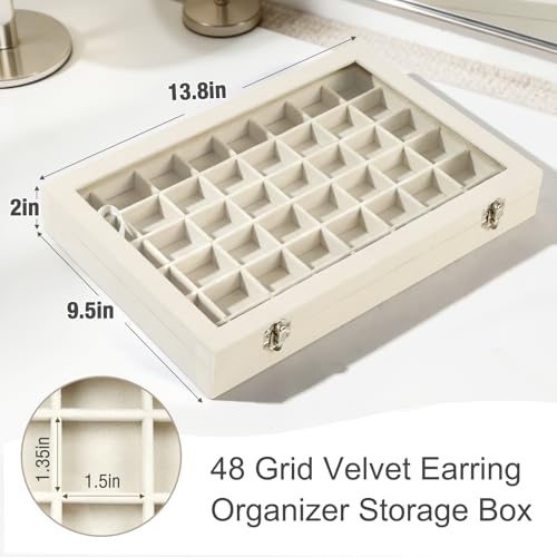 DUNPUTE Velvet Jewelry Organizer Storage Tray, 48 Grid Adjustable Earring Holder Organizer with Clear Lid, Jewelry Display...