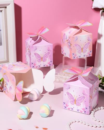 Liobelon 48 Pcs MINI Butterfly Party Favor Treat Boxes, Pink Purple Floral Candy Paper Gift Box Butterfly Decorations Brid...