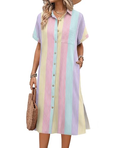 HOTOUCH Womens Dress Summer Casual Midi Short Sleeve Button Down Shirt Dresses Loose Beach Cover Up with Pockets