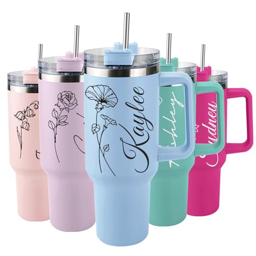 Elemtansy Personalized 40 Oz Tumbler with Handle and Straw, Custom Cup with Name & Birth Flower, Stainless Steel Travel Co...
