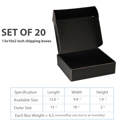 DUZCLI Small Shipping Boxes 13x10x2 Inches – Black Corrugated Cardboard Boxes (20-Pack) for Mailing, Packing, Small Busine...