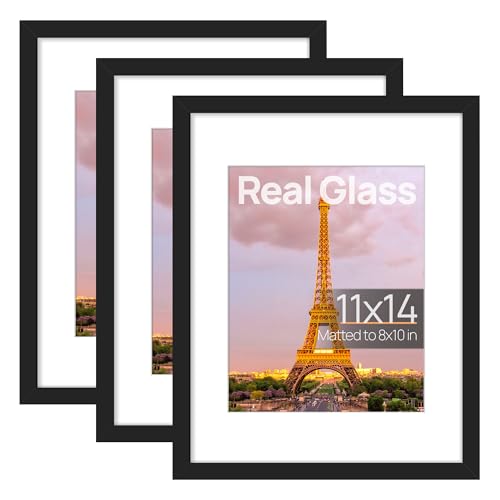 upsimples 11x14 Picture Frame Set of 3, Made of High Definition Glass for 8x10 with Mat or 11x14 Without Mat, Wall and Tab...