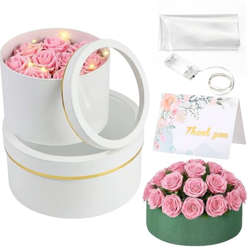 Nuenen 2 Pcs Round Gift Boxes with Lids Floral Foam LED Light Thank You Floral Greeting Cards Flower Arrangements Supplies...