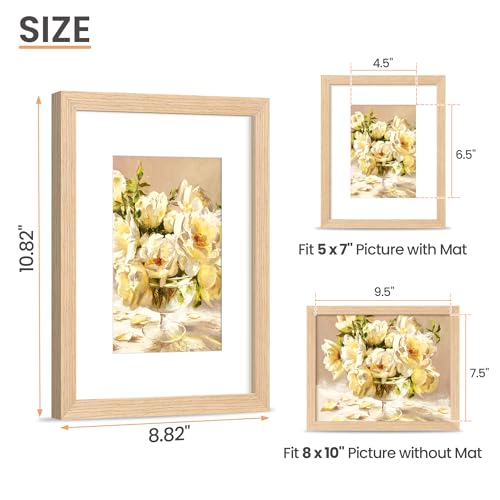 upsimples 8x10 Picture Frame, Natural Solid Wooden Picture Frames, Display 5x7 with Mat or 8 x 10 Without Mat, Wall or Tab...