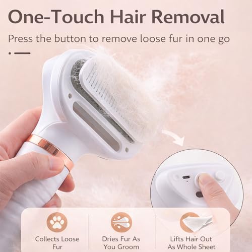 Steam & Dry Pet Grooming Brush for Dogs & Cats, Gentle Touch Deshedding Comb with Light Drying, 4-in-1 Pet Care Tool for B...