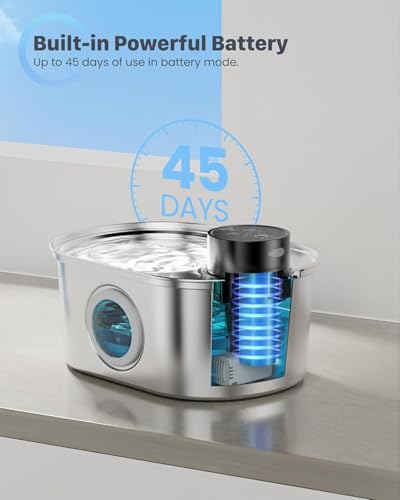 Wireless Cat Water Fountain: Battery Operated Stainless Steel Pet Fountain, Automatic Cordless Water Dispenser Indoor, Met...