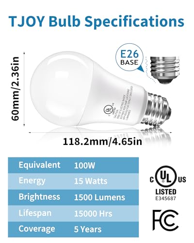 TJOY 12 Pack LED Light Bulbs, 100 Watt Equivalent A19, 5000K Daylight LED Bulb, 15W Bright White Energy Saving Lightbulbs ...