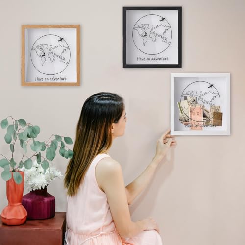 Travel Adventure Archive Shadow Box for Memories, 12x12in Memory Box with Slot on Top for Travel Ticket Stub, Top Loading ...