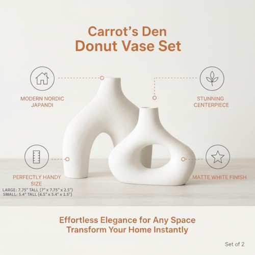 Carrot's Den Donut Vase, Set of 2 - White Large Ceramic Vase - Minimalist Nordic, Hollow | Table Centerpiece, Olive Plant,...