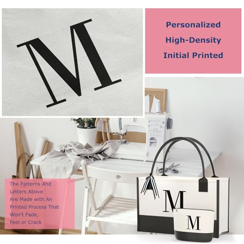 OATALY Monogrammed Canvas Tote Bag with Zipper Pockets - Ideal Gift for Mom, Teacher, Sister
