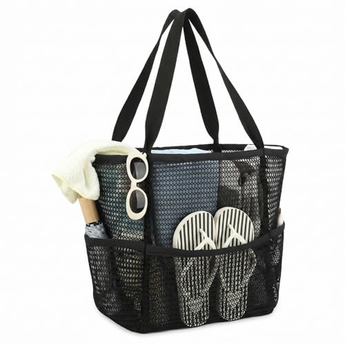 BOBPPOP Black 5-Pocket Foldable Mesh Beach Tote for Women, Water-Resistant Sand-Proof Cruise Essentials Bag, Travel Pool V...