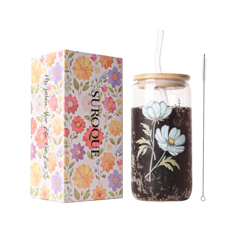 SUROQUE Birth Month Flower Iced Coffee Glass Cup 16oz Custom Tumbler Birthday Gifts Personalized Gifts for Women, Teacher...
