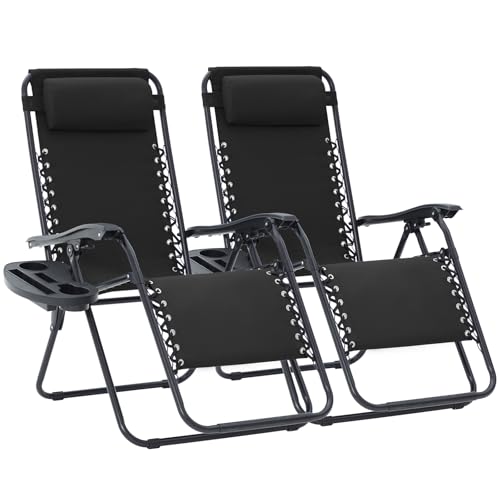 JEAREY Zero Gravity Lounge Chairs Set of 2, Adjustable Steel Mesh Recliners w/Pillows and Cup Holder Trays for Patio, Gard...