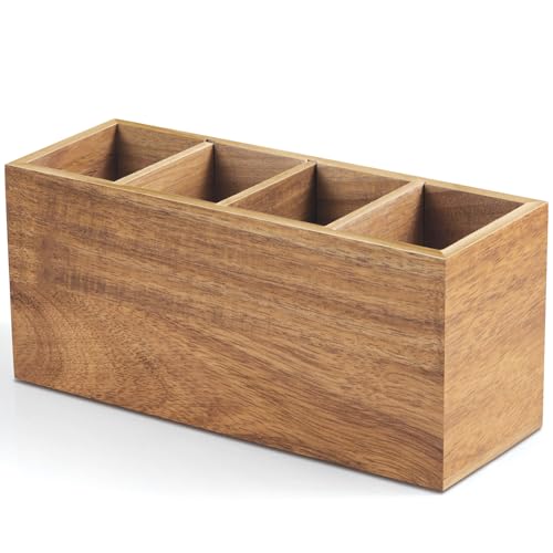 Bivvclaz Pencil Pen Holder for Desk, Acacia Wood Office Desk Organizers and Accessories with 4 Slots for Countertop, Makeu...