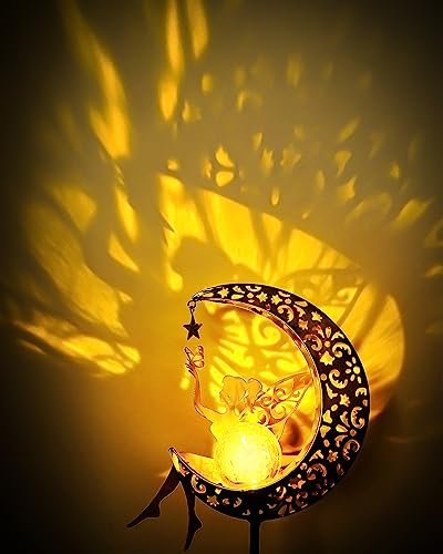 Vuees Solar Garden Statues Outdoor Decor, Fairy Moon Figurine Light Stake, Housewarming Ornament for Patio, Lawn, Yard, Pa...