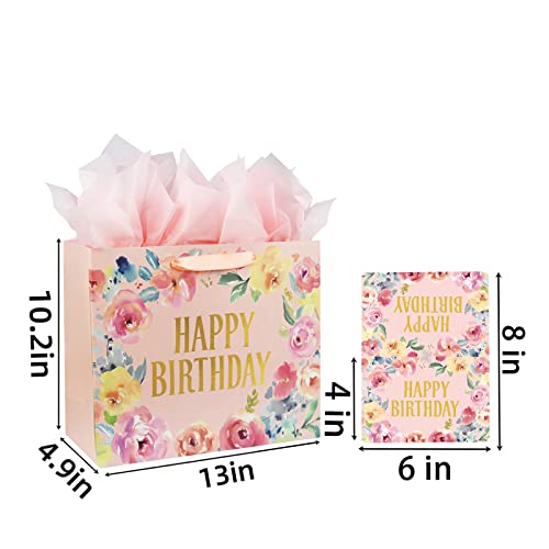 13" Large Happy Birthday Gift Bag with Card and Tissue Papers, Handles Floral Design for Women Girls Birthday Party (13" P...