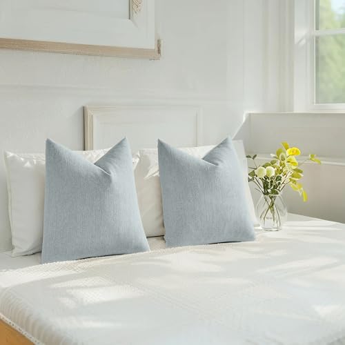 HAUSSY Dusty Blue Throw Pillow Covers 18x18 Inch Set of 2,Boho Decorative Faux Linen Throw Pillows Cozy Farmhouse Accent C...