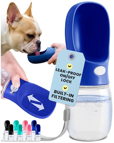 MalsiPree Dog Water Bottle Dispenser for Walks - 12 oz Navy Blue - Leak-Proof Lock & One-Hand Operation - On the Go Dog Wa...