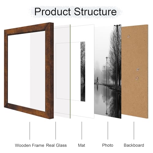 iRahmen 11x14 Picture Frame Set of 4 with Tempered Glass, Rustic Frame Display 8x10 Pictures with Mat or 11 x 14 Without M...