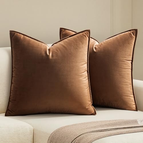 MIULEE Brown Velvet Throw Pillow Covers 18x18 Soft Decorative Solid Square Cushion Cases Pack of 2 Modern Luxury Home Deco...