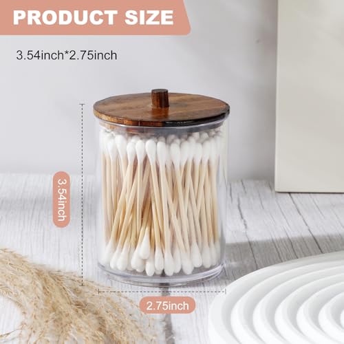 4 Pack Qtip Holder Dispenser with Wood Lids - 10 oz Clear Plastic Apothecary Jar Containers for Vanity Makeup Organizer St...