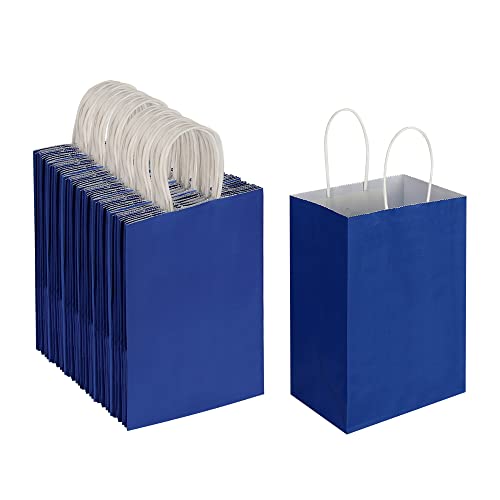 Oikss 100 Pack 5.25x3.25x8.25 Inch Small Royal Blue Kraft Paper Bags with Handles Bulk for Birthday Wedding Party Favors G...
