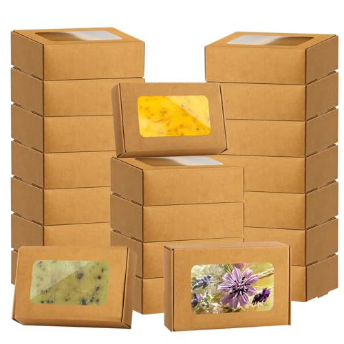 RYKOMO 40 PCS Soap Boxes for Homemade 3.55 x 2.4 x 1.2 Inch Small Soap Paper Box Mini Kraft Treat Box with Window for Home...