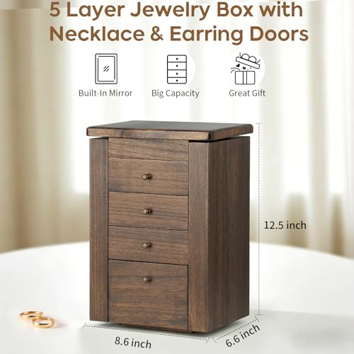 Meangood Jewelry Box Jewelry Organizer, 5-Layer Wooden Jewelry Organizers and Storage Boxes for Women Girls, Ring Earring ...