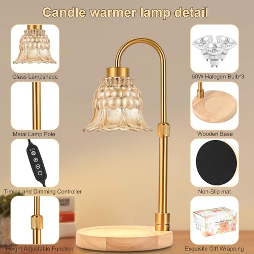 Candle Warmer Lamp with Timer & Dimmer, Adjustable Height Electric Candle Warmer with 3 Bulbs,Compatible with All Size Sce...