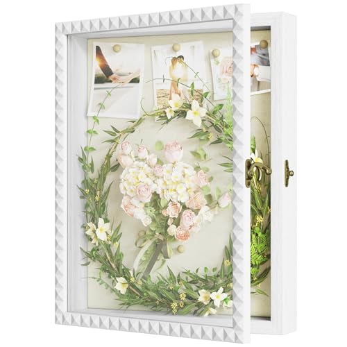 SZQINJI Shadow Box Frame 11x14 Deep Large Shadow Box Display Cases Wood Memory Box with Diamond Shape Door Vintage Lock fo...