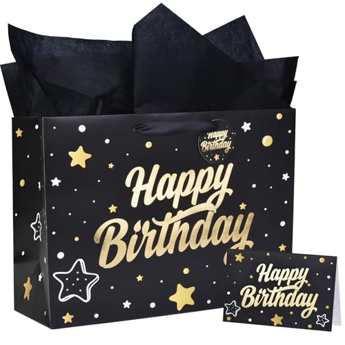 ZGORENDZ 14'' Large Gift Bag Gold Foil Happy Birthday Party Bag with Tissue Paper, Card, Envelope, Gift Tag