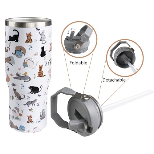30oz Cat Tumbler with Handle and Straw, Reusable Stainless Steel Insulated Leak Proof Travel Coffee Mug, Cat Gifts for Women