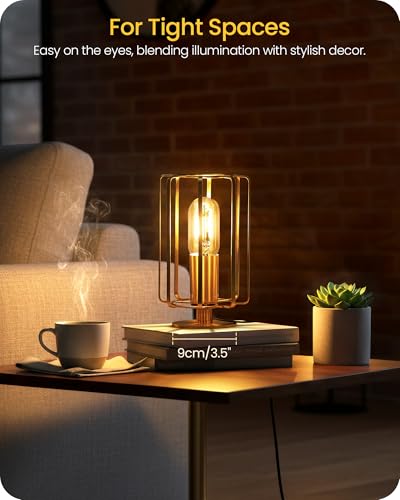 GOEBLESON Industrial Table Lamp, 8.5" Small Brass Table Lamp with Dimmable 2400K Warm Light LED Bulb, Vintage Brass Desk L...