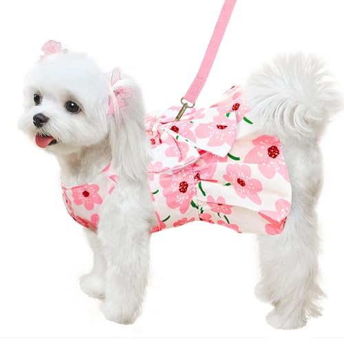 ABRRLO Cute Dog Dress Small Dog Clothes for Girls Female Puppy Outfits Pink Floral Pet Summer Clothes Bowknot Doggy Cat Pr...