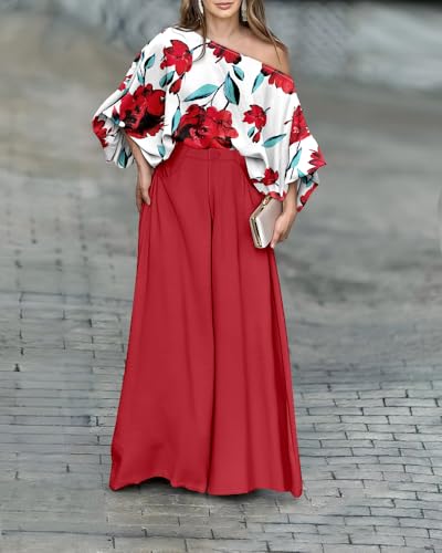 CHICME Women Summer 2 Piece Outfits Off Shoulder Top Flowy Wide Leg Pants Set Vacation Travel Airport Outfits