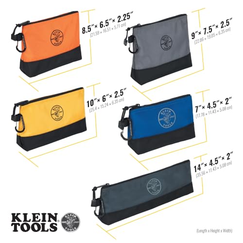 Klein Tools 55569 Stand-Up Zipper Bag Tool Pouch with Carabiners, Reinforced Gusseted Bottoms, Water Resistant 1680d, Mult...