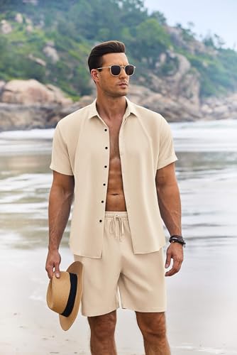 COOFANDY Men's Summer Beach Outfits 2 Piece Short Sleeve Shirts and Shorts Vacation Texture Linen Sets for Men