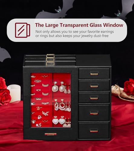 Homde Large Jewelry Box/Organizer/Case with Glass Window, Drawers for Necklaces Earrings Rings Bracelets Watches Gift for ...