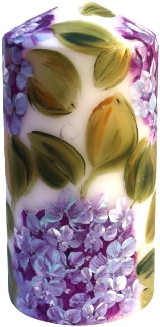 Pretty Decorative Unscented Dripless Romantic Large Tall Decorated White Pillar Flower Candle with Artist Hand Painted Lav...