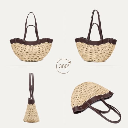 Large Straw Tote Bag for Women, Woven Summer Beach Bag with Leather Trim & Double Straps, Handmade Mesh Boho Shoulder Bag