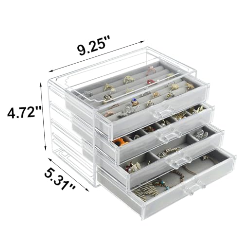 Weiai Acrylic Jewelry Organizer, Clear Jewelry Box with 4 Drawers, Jewelry Case Storage for Women (Gray)