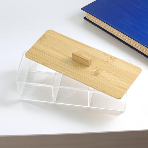 ZEXALOR Clear Bathroom Dresser Organizer - Cotton Ball Swab Holder with 3 Divided Compartments&Lid, Waterproof Transparent...